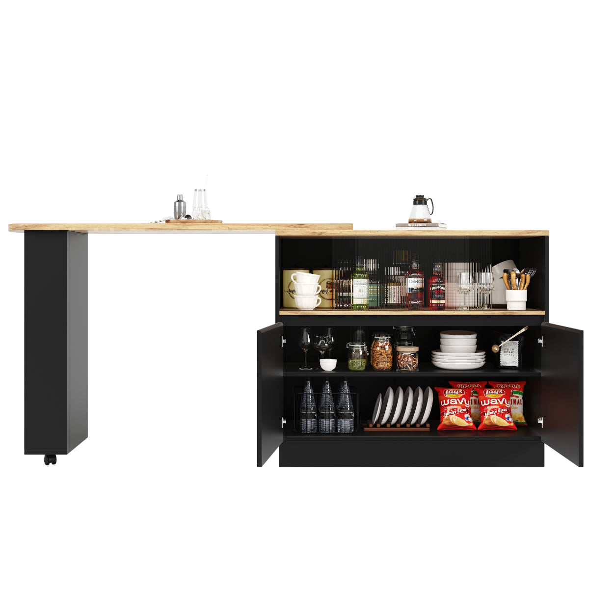 Kücheninsel mit 360° Rotation, Barschrank mit Glasschiebetür & Stauraum, Weiß & Holzoptik, multifunktionaler Küchentisch & Sideboard