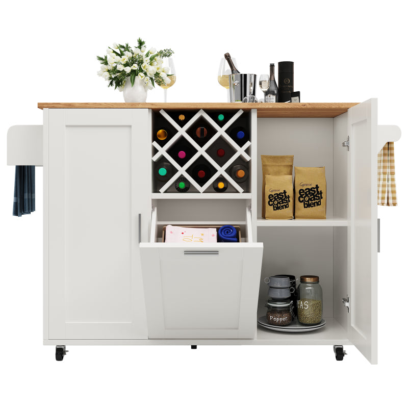 Kücheninsel mit herausnehmbaren Trennwänden, Küchenschrank, Esszimmerwagen mit Arbeitsplatte, Buffetschrank, Esszimmerwagen mit Holzmaserung, seitlicher Handtuchhalter mit Flaschenhalter, weiß