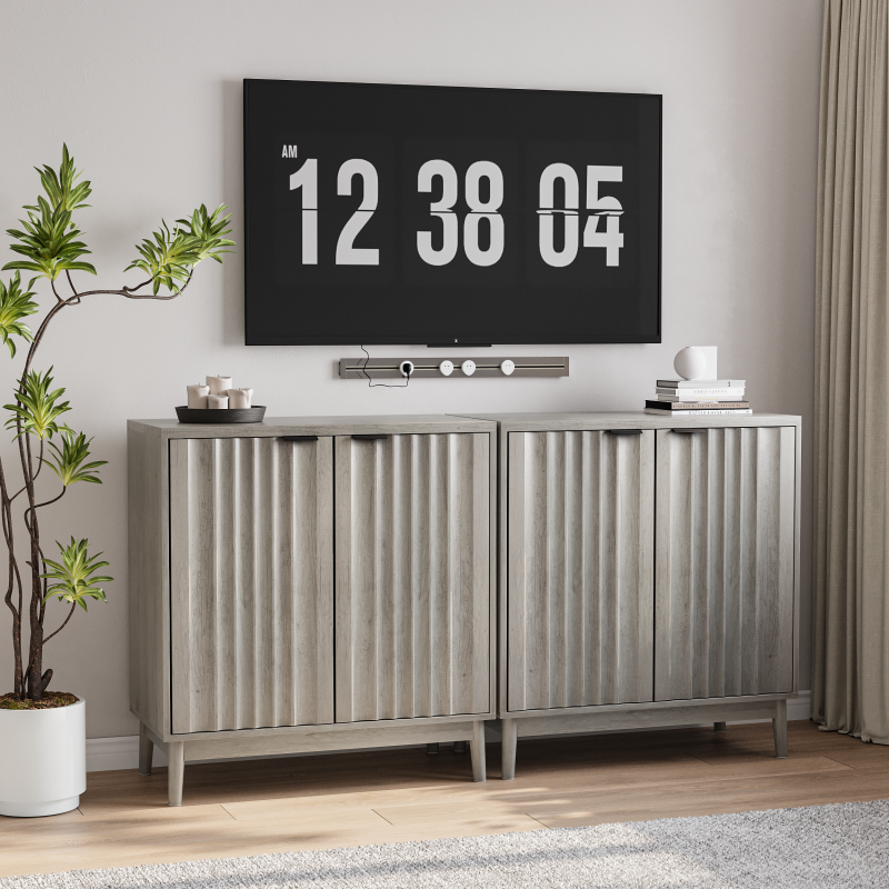 Rillenkantenschrank, unabhängiges Buffet mit verstellbaren Regalen, Holzschrank, passend für Wohnzimmer, Flur, Eingang, Grau