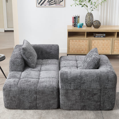 Modernes Sektionssofa, L-Sofa, 3-Sitzer-Sofa, keine Installation erforderlich, Chenille-Sofa mit Chaiselongue und Armlehnen, 3 Kissen, Seitentasche für Fernbedienung, Grau