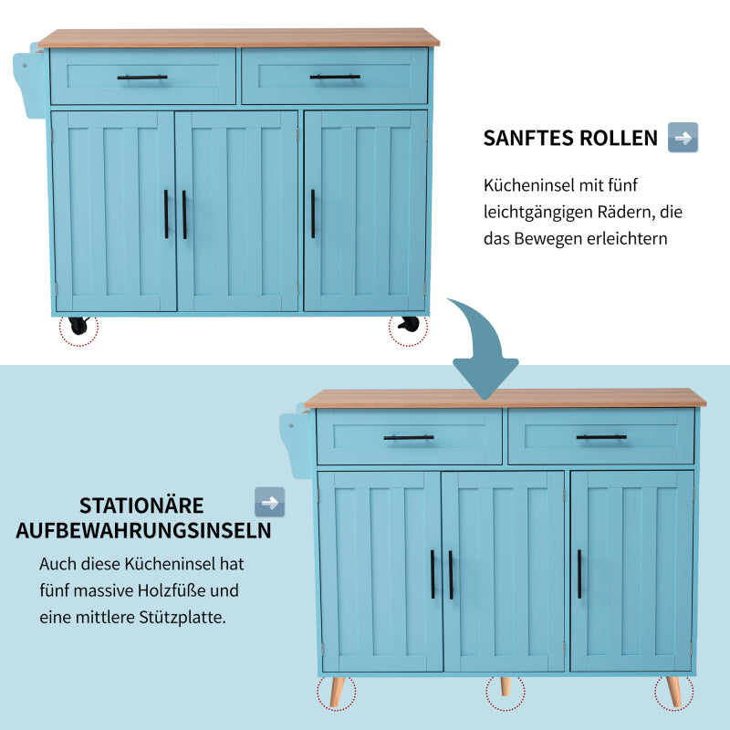 129x46(71)x91,5 cm großer Speisewagen/Sideboard, Arbeitsplatte mit Massivholzmaserung + blauer Schrank/faltbare Arbeitsplatte/Aufbewahrungstür-Design/Räder/Massivholzfüße umschaltbar/für Zuhause geeig