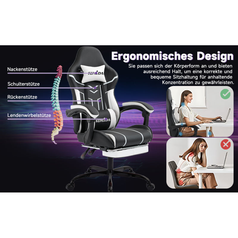 Gaming Stuhl Computerstuhl Ergonomischer Gaming Chair mit Fußstütze Bürostuhl Ergonomischer Computerstuhl mit Lendenwirbelstütze