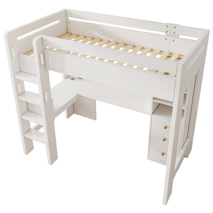 Kinderbett Hochbett mit L-förmigem Schreibtisch, Regalen und Schubladen mit USB/Type-C Ladebereich, Jugend-Einzelbett mit Leiter und Holzlattenrost, 90×200cm, Weiß, ohne Matratze.