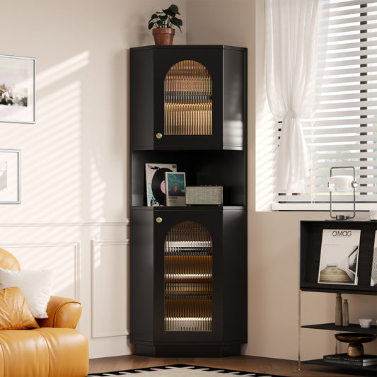 Badschrank mit Lichtleiste, Badmöbel, Eckschrank mit zwei Ablagefächern, offenes Fach mit verstellbaren Einlegeböden, 45x 45 x 166,5 cm, schwarz