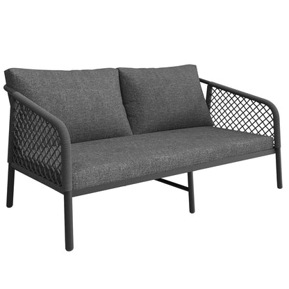 Garten-Lounge-Set, Gartenmöbel-Set aus Seil, Modernes Outdoor-Sofa-Set, graues Seil, Tischplatte aus glattem Glas, inklusive aller Sitz- und Rückenkissen,Loungemöbel, Balkonset , Garten & Terrasse