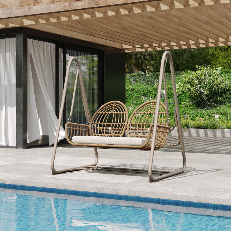 Gartenschaukel, Hollywoodschaukel mit Rückenlehne, Gartenmöbel-Set für den Außenbereich,Doppelschaukel aus PE-Rattan, 2 Sitze, Brauner Sitzrahmen und beiges Kissen