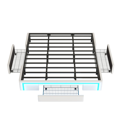 Bettgestell 180X200 mit Schubladen, PU-Leder Bett ohne Kopfteil Mit LED-Lichtleiste, MetalllattenPlattformbett für moderne Schlafzimmer Beige