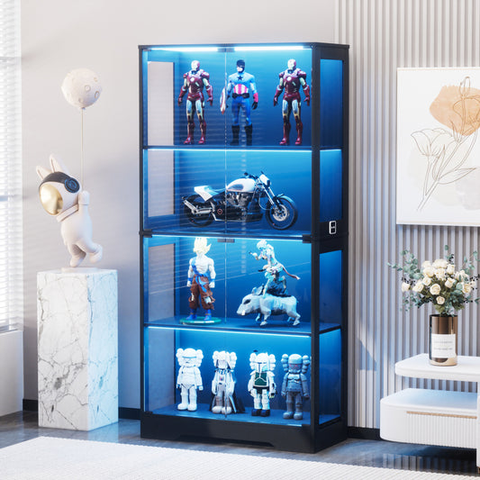 Glasvitrine Schwarz 165 cm hoch, Vitrinenschrank mit LED (3 Farben) & Bewegungssensor, 4 verstellbare Böden