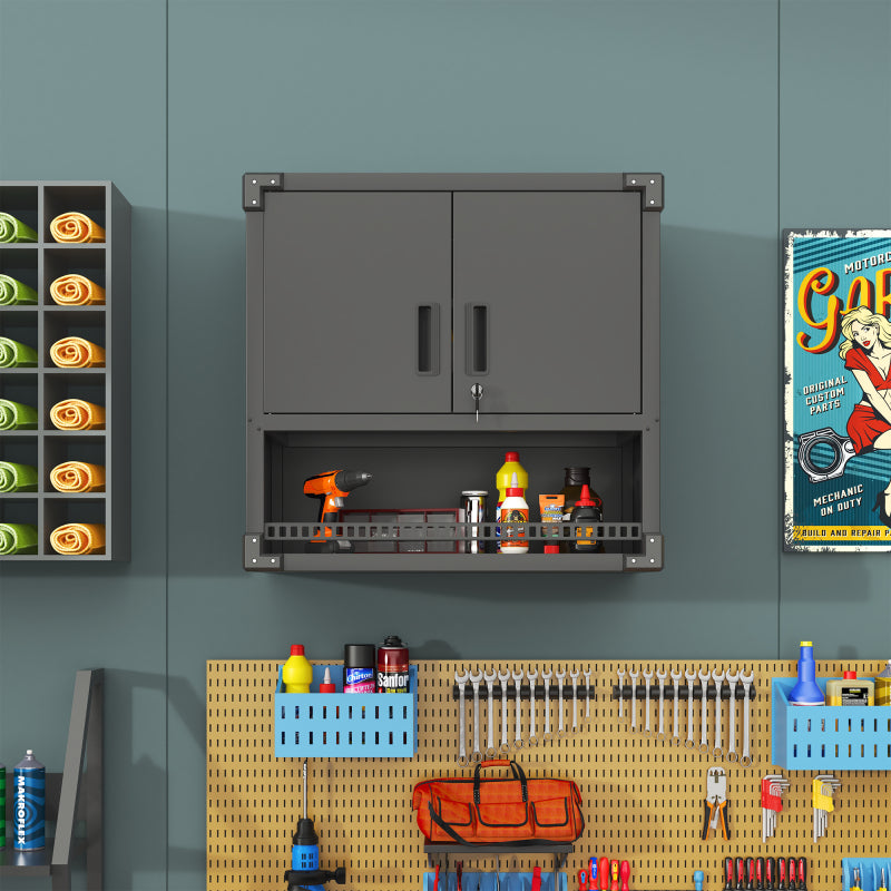 Metall Wandmontage Werkzeug Schrank mit Tür und Fach, Metallwandregal mit Schloss für Garage, Werkstatt, Büro - Umweltfreundlich, Robust, Montageerforderlich, H 77 cm × B 80 cm × T 30 cm