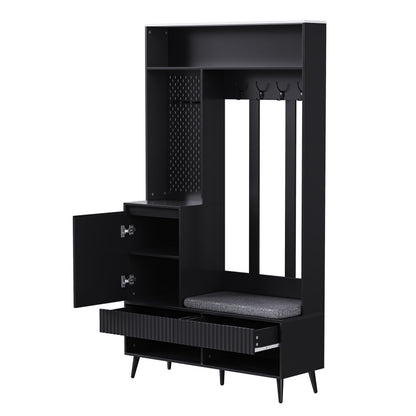 Garderoben-set, Wandgarderobe, Flurgarderobe Set mit Schuhbank, Schwarz,100 Lx35Bx180H cm