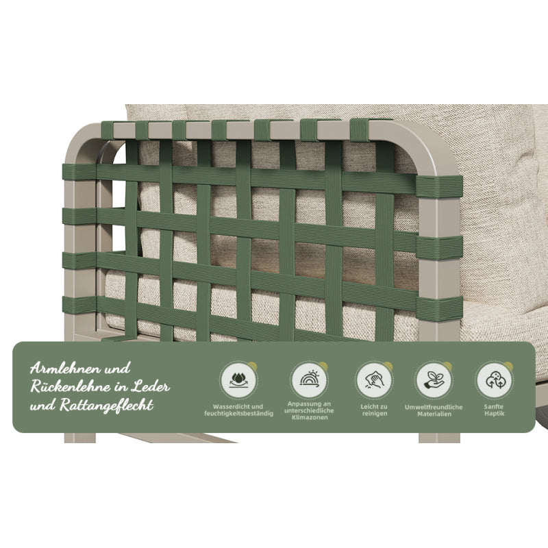 Garten Lounge Set (4-5 Sitzer), Grünes Leder Rattan Gartenmöbel Set, Modernes Outdoor Sofa Set inkl. aller Sitz- und Rückenkissen, Balkonset, Garten und Terrasse, Aprikose