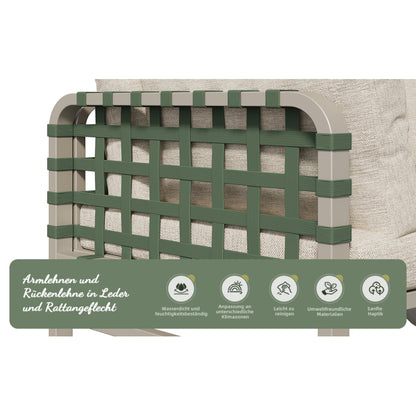 Garten Lounge Set (4-5 Sitzer), Grünes Leder Rattan Gartenmöbel Set, Modernes Outdoor Sofa Set inkl. aller Sitz- und Rückenkissen, Balkonset, Garten und Terrasse, Aprikose
