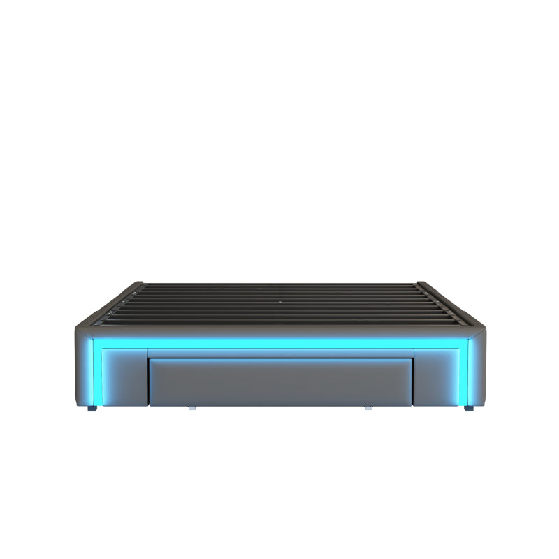Bettgestell 140X200 mit Schubladen, PU-Leder Bett ohne Kopfteil Mit LED-Lichtleiste, MetalllattenPlattformbett für moderne Schlafzimmer Grau