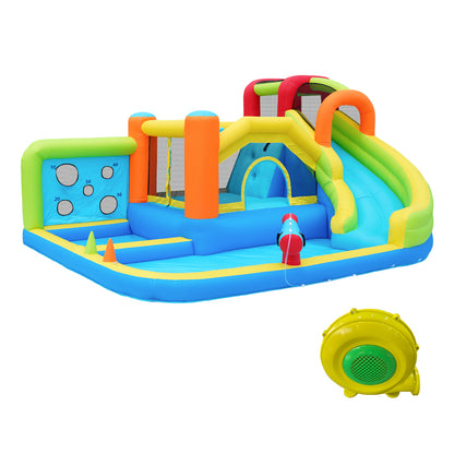 [Ganzjähriger Spielspaß] Hüpfburg mit Gebläse Multifunktionaler Wasserpark+Trampolinpark für Kinder, Inklusive 450W-Gebläse
