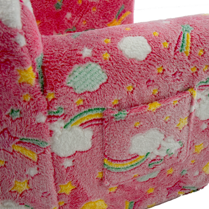 Kindersofa 3in1 mit leuchtendem Cartoon-Muster, Armlehne, waschbar, leicht, Pinkes Regenbogen