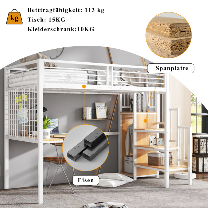 Eisenbett, Etagenbett, Hochbett, Geeignet für Kinder und Jugendliche, mit Tisch und Kleiderschrank, Seitenleiter mit Handlauf, Eisen+Spanplatte, Weiß+Natur, 90x200cm