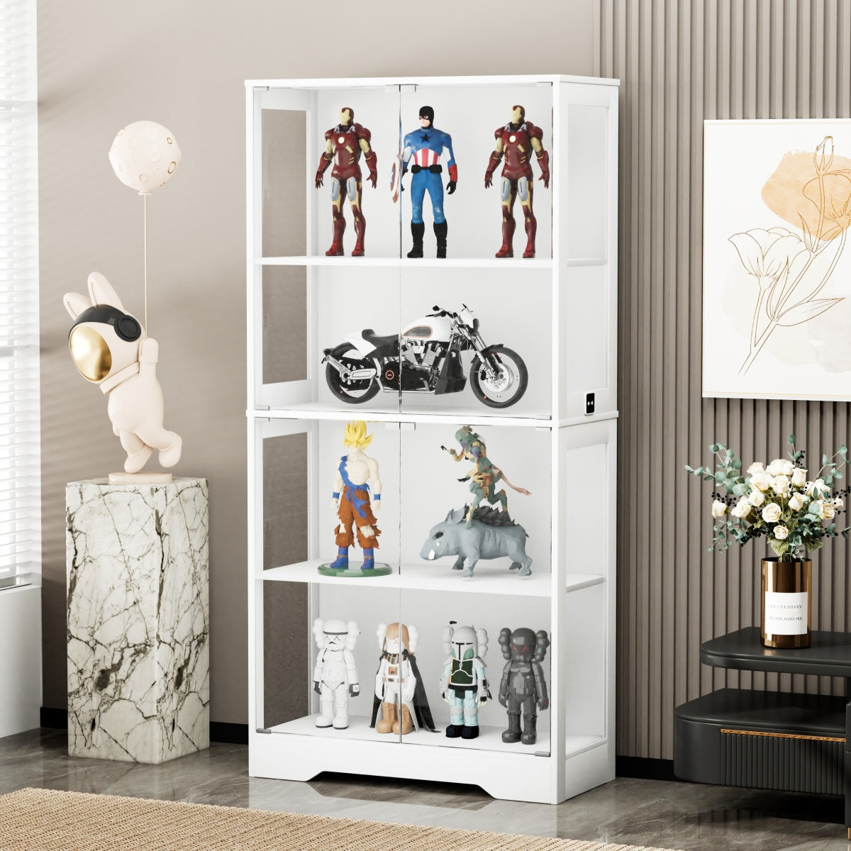 Glasvitrine Weiß 165 cm hoch, Vitrinenschrank mit LED (3 Farben) & Bewegungssensor, 4 verstellbare Böden