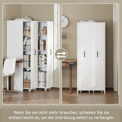 Erweiterbares Bücherregal mit Rollen – 4 Ebenen, Links und rechts austauschbar, MDF, 20 kg Tragkraft pro Ebene, leise Lenkrollen, weiß