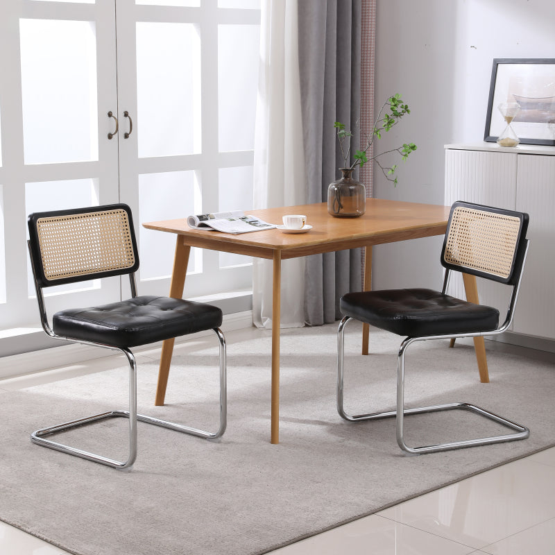 Mittelalterliche moderne Esszimmerstühle, ein Satz von 2-Rattan Esszimmerstühlen mit weichen gepolsterten Kunstlederelementen, armlose Mesh Rückenlehne Rattan Stühle, Metall Chrom Beine(Black)