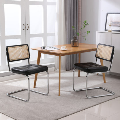 Mittelalterliche moderne Esszimmerstühle, ein Satz von 2-Rattan Esszimmerstühlen mit weichen gepolsterten Kunstlederelementen, armlose Mesh Rückenlehne Rattan Stühle, Metall Chrom Beine(Black)