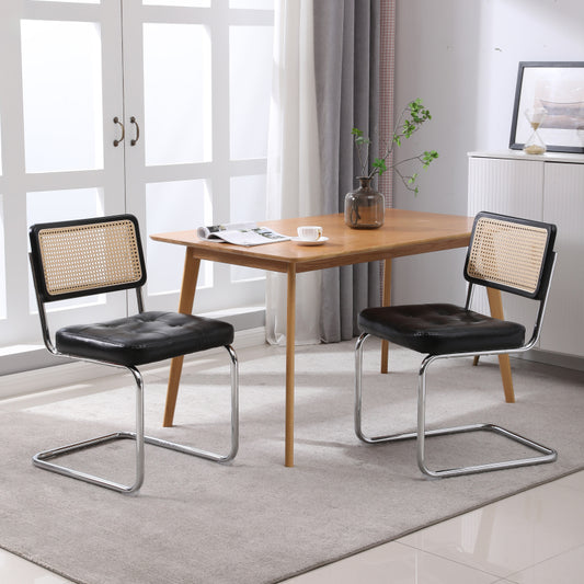 Mittelalterliche moderne Esszimmerstühle, ein Satz von 2-Rattan Esszimmerstühlen mit weichen gepolsterten Kunstlederelementen, armlose Mesh Rückenlehne Rattan Stühle, Metall Chrom Beine(Black)