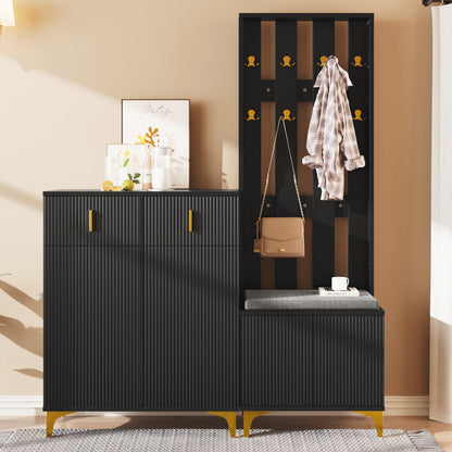 Garderoben-Set mit Schuhschrank & Sitzbank, Wellenfront, Push-to-Open, goldene Haken & Füße, Schwarz