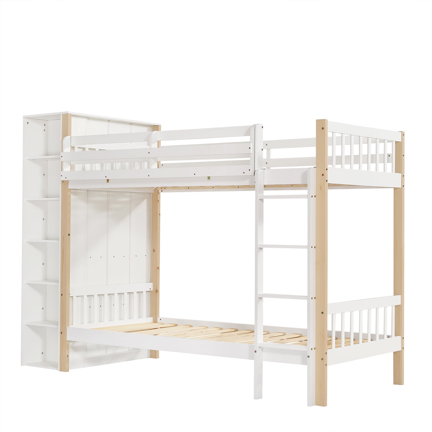 Etagenbett, Kinderbett mit Fallschutz und Gitter, mit 4-stufiger Leiter, 6 offenen Regalen, Kleiderschrank seitlich, Reichlich Stauraum,  Kiefer+PB, Weiß+Natur,  90x200cm