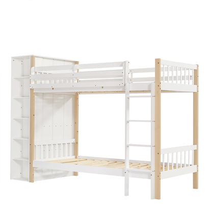 Etagenbett, Kinderbett mit Fallschutz und Gitter, mit 4-stufiger Leiter, 6 offenen Regalen, Kleiderschrank seitlich, Reichlich Stauraum,  Kiefer+PB, Weiß+Natur,  90x200cm