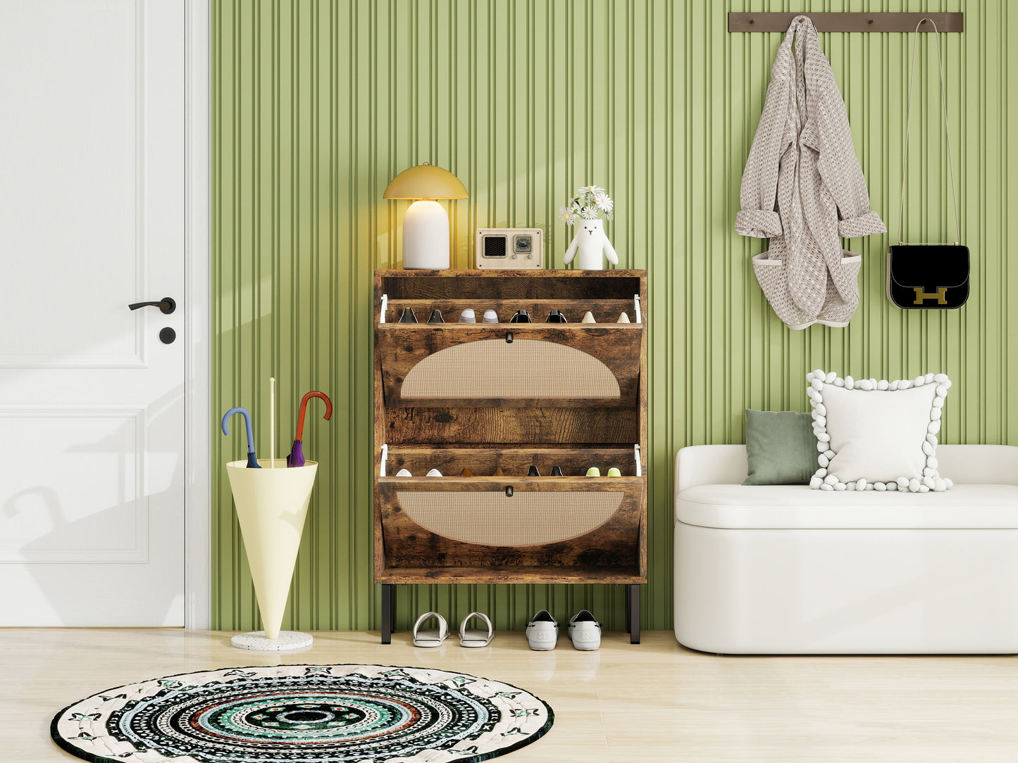 Schuhschrank mit zwei Türen, austauschbaren halbrunden Türfronten und Rattan-Oberfläche, geeignet für den Eingangsbereich und andere Szenen, Vintage-Braun