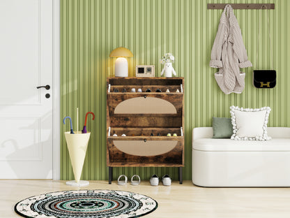 Schuhschrank mit zwei Türen, austauschbaren halbrunden Türfronten und Rattan-Oberfläche, geeignet für den Eingangsbereich und andere Szenen, Vintage-Braun