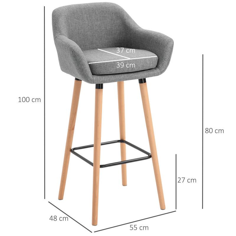 2er-Set Barhocker, Barstuhl aus Leinen mit Sitzkissen, Küchenhocker, Bistrohocker mit Fußstützen, Tresenhocker, Grau, 55 x 48 x 100 cm
