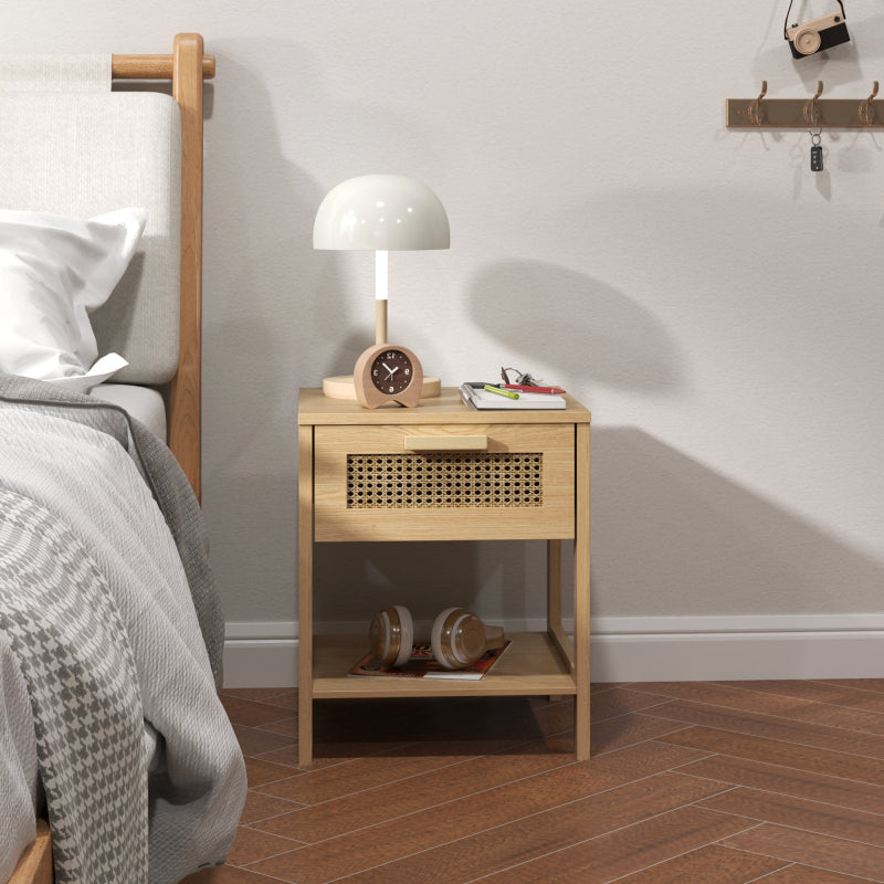 HOMCOM Nachttisch Nachtschrank Beistelltisch natürlicher Nachtkommode mit Schublade offenen Ablage Rattan-Design Natur 40 x 40 x 48,4 cm
