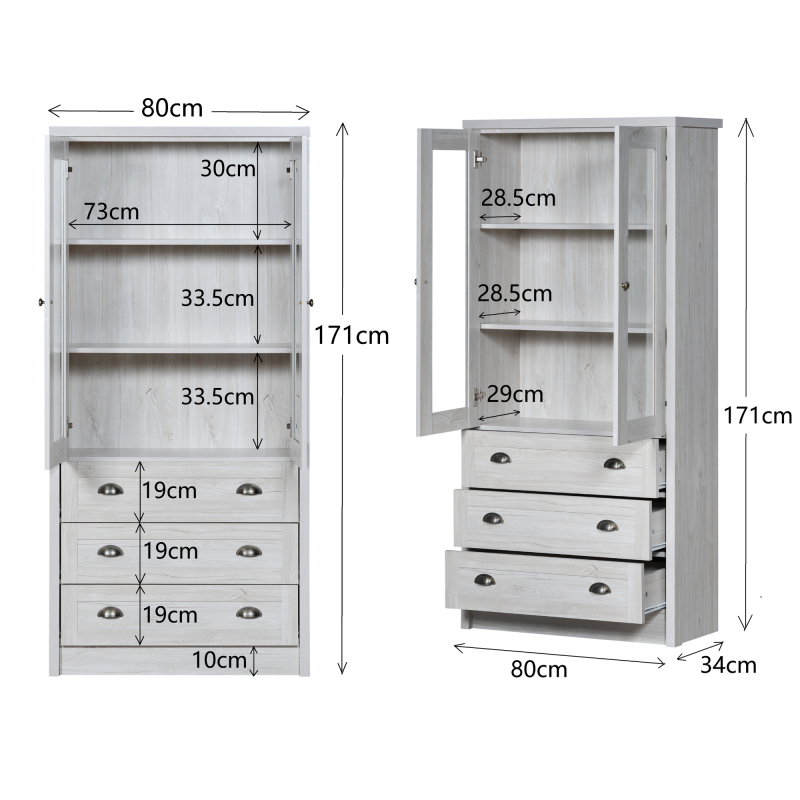 Moderner Highboard Schrank 80x34x171 cm, für Wohnzimmer, Büro & Flur