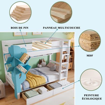 Etagenbett, Kreatives Kinderbett, Bücherregal in Baumform, Offenes Regal, Zwei Schubladen mit Rollen, Mit Fallschutzgitter, Reichlich Stauraum, Kiefer+MDF, Weiß+Blau, 90x200cm