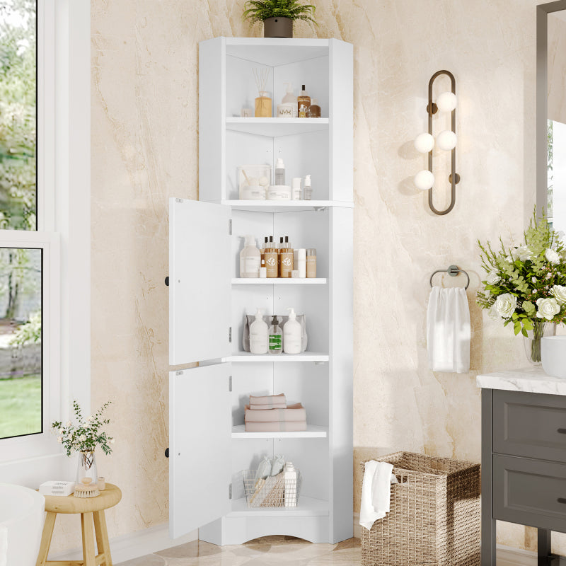 Dreieckiger Badezimmerschrank, feuchtigkeitsbeständiger Lack, zwei offene Ablagefächer, zwei Schranktüren, verstellbare Trennwände, einfache Form, weiß