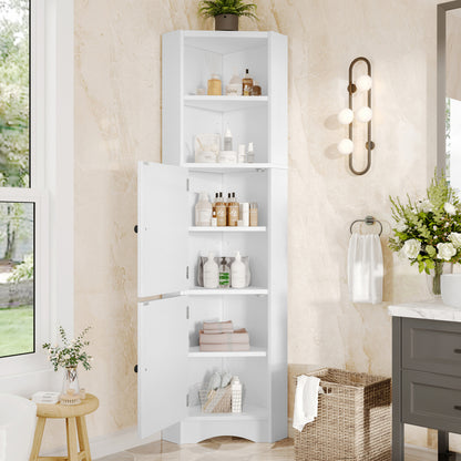 Dreieckiger Badezimmerschrank, feuchtigkeitsbeständiger Lack, zwei offene Ablagefächer, zwei Schranktüren, verstellbare Trennwände, einfache Form, weiß