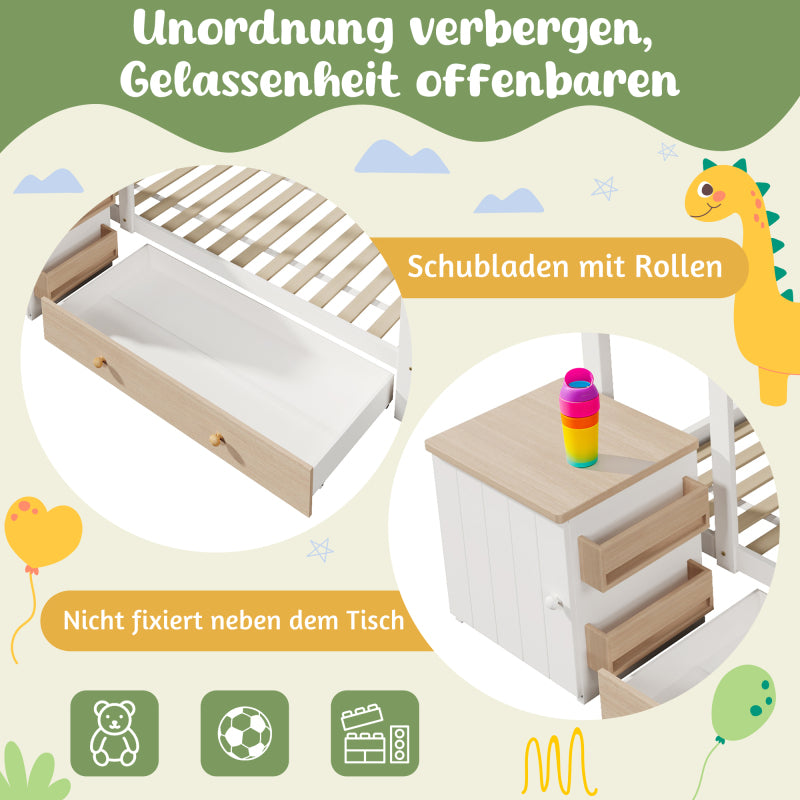 Hausbett Kinderbett 90x200 cm aus Massivholz mit Schubladen & abnehmbarem Nachttisch - Bodenbett in Weiß und Eichenweiß, ohne Matratze