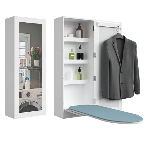 Wand-Bügelschrank mit Spiegel, klappbares Bügelbrett 90° schwenkbar, Bügelstation mit Stauraum & Kleiderhaken