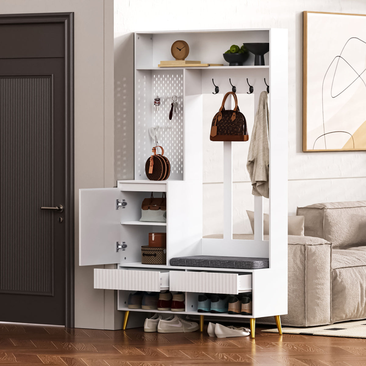 Garderoben-Set mit Schuhbank, Wandgarderobe mit 4 Haken, 2 Schubladen & Schranktür, MDF, Weiß, 100×35×180 cm
