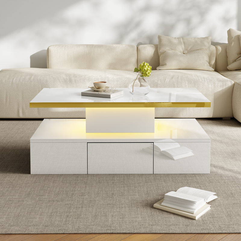 Couchtisch, Tisch mit Schubladen, Hochglanzlackierung, Beistelltisch mit zwei Ablageebenen. Mit LED-Licht