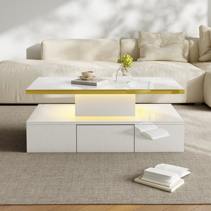 Couchtisch, Tisch mit Schubladen, Hochglanzlackierung, Beistelltisch mit zwei Ablageebenen. Mit LED-Licht