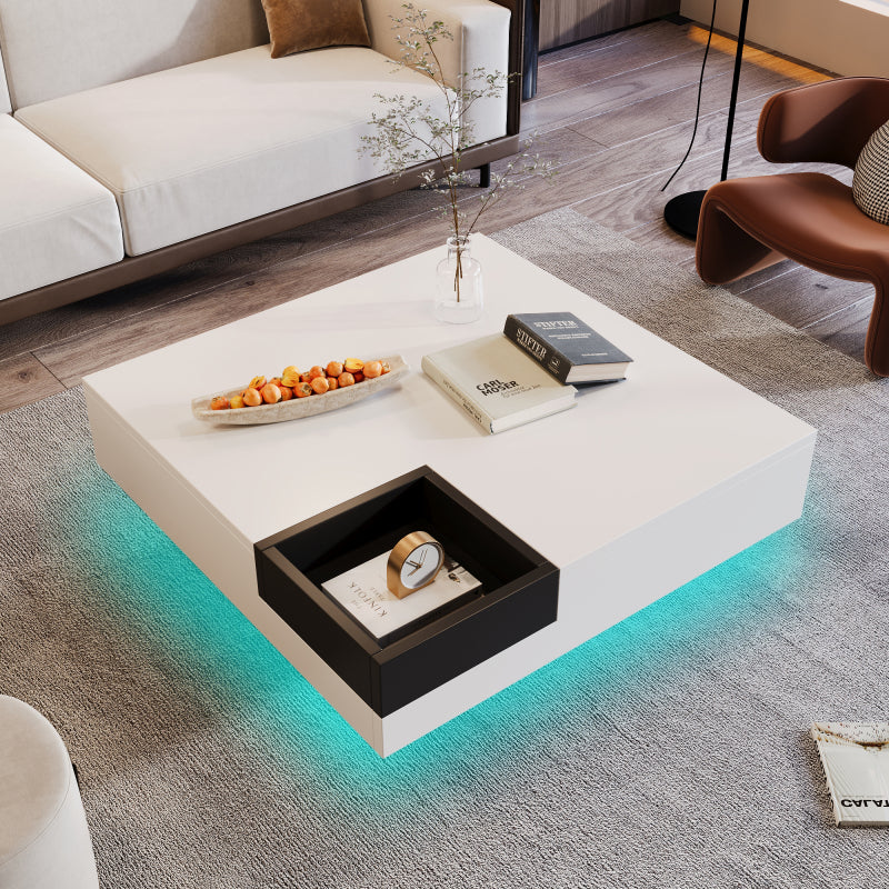 Couchtisch, Hochglanz-Wohnzimmertisch, Beistelltisch mit abnehmbarer Aufbewahrungsbox, Farbblockweiß und Schwarz, 72*72*30 cm, Mit LED-Lichteffekt