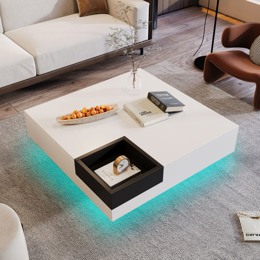 Couchtisch, Hochglanz-Wohnzimmertisch, Beistelltisch mit abnehmbarer Aufbewahrungsbox, Farbblockweiß und Schwarz, 72*72*30 cm, Mit LED-Lichteffekt