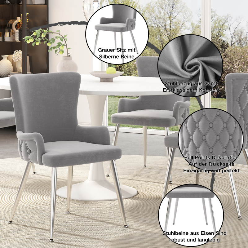 Samt-Esszimmerstuhl, 2er-Set, luxuriöser Wohnzimmer-Schlafzimmer-Loungesessel mit vier silberfarbenen Metallstützbeinen, Grau[OLD SKU:N634P184684G]