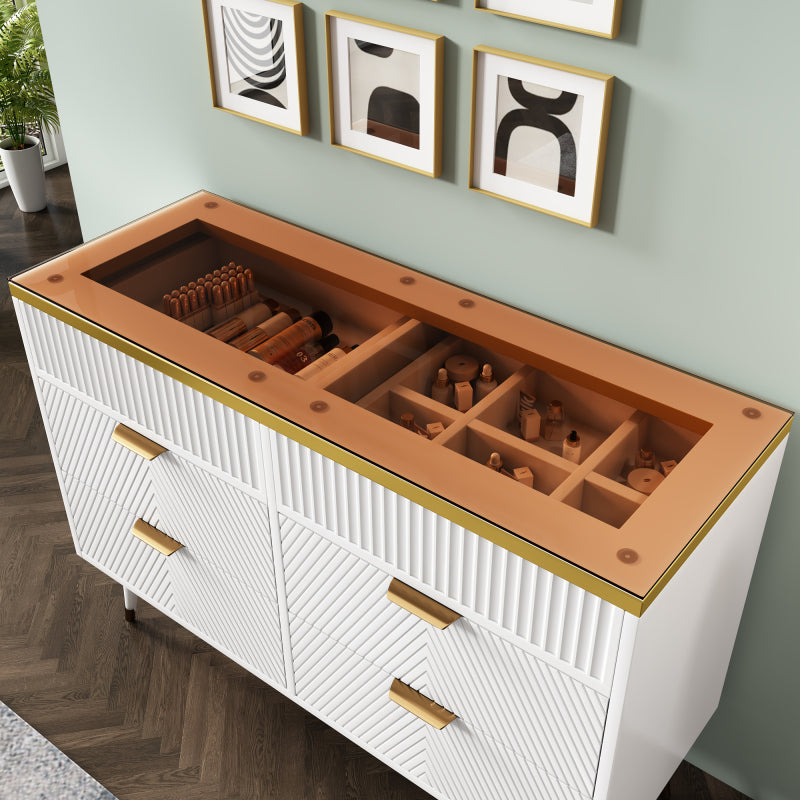 Kommode Sideboard aus Bernstein Glas, Kommode mit 6 Schubladen,Facheinteilung, kippsicher, Hochschrank für Schlafzimmer und alle Wohnräume, 120 x 40 x 76 cm, weiß