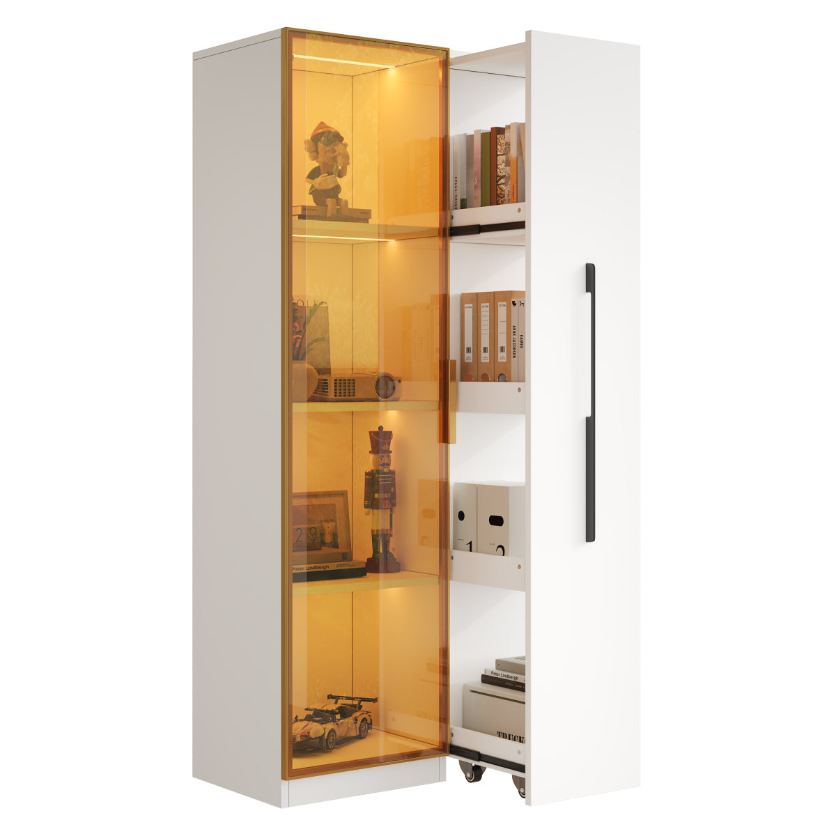 Vitrine 70x40x160cm mit LED-Beleuchtung & Seitenauszug - Weißer Glasschrank mit bernsteinfarbenem Glas, Gold-Akzenten & Rollen