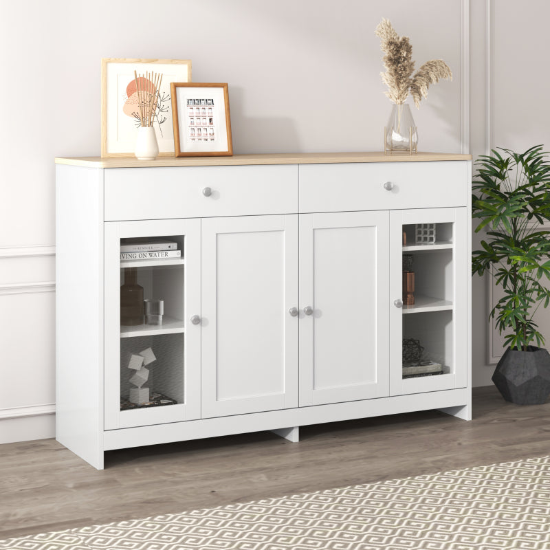 Sideboard mit weißer Holzmaserung, vier Türen, mit zwei Schubladen, Tür mit Glas. Wohnzimmer, Esszimmer. Holzfarbe und Weiß