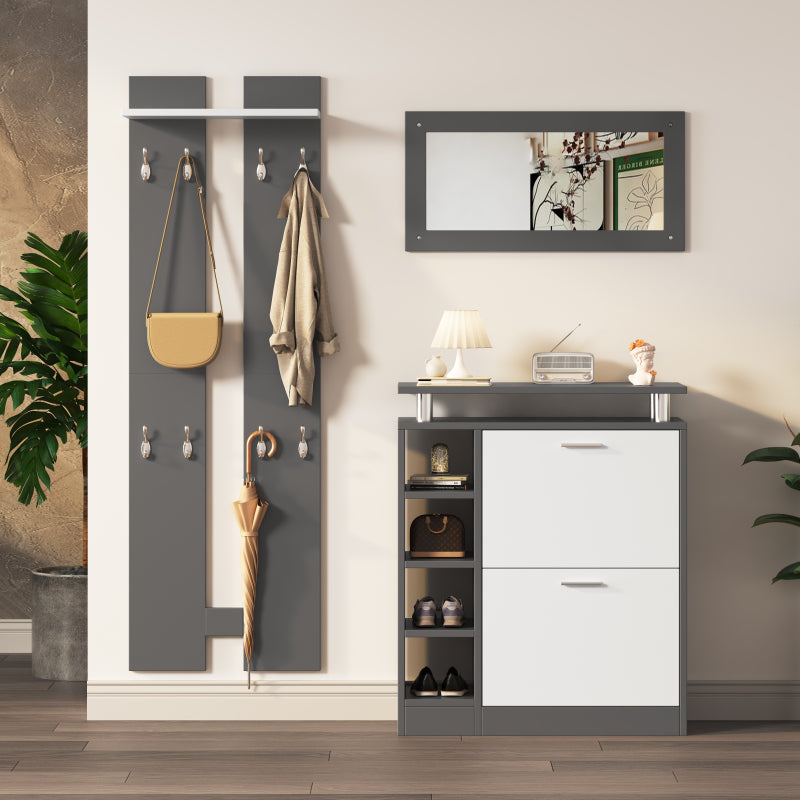 Wandgarderoben-Set 80 x 25 x 96.5 cm, inkl. Spiegel, 2 Wandpaneelen, einer Regalwand und einem Schuhschrank, Korpus anthrazitgrau matt, Flurmöbel, Flurtrockenständer, Flurgarderobe, Schuhwechsler-Set,