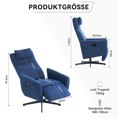 Bequemer Relaxsessel mit Liegefunktion – Chenille Fernsehsessel mit Fußstütze, drehbarer Stillsessel & Loungesessel für Wohnzimmer, modernes Sofa, Blau
