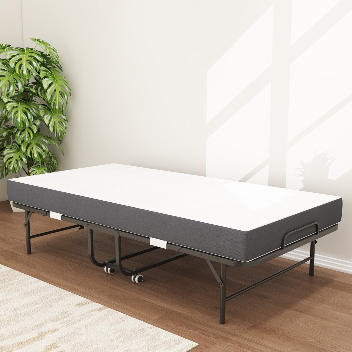 190 × 96 cm Klapp-Twin-Bett mit 9,5 cm Memory-Foam-Matratze, tragbares Gästebett/Rollbett, stabiler Metallrahmen